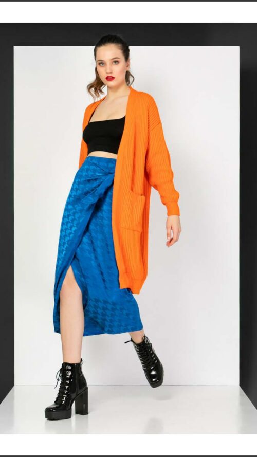 ble-roua-midi-fousta-me-skisimo-mprosta Μπλε ρουά midi φουστα με σκίσιμο και φιόγκο στο πλάι. Εμφάνιση από μπροστά