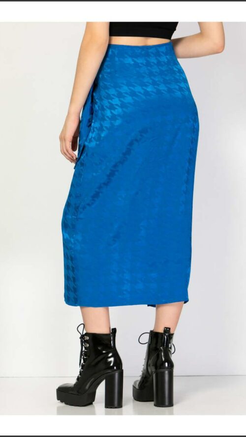 Μπλε ρουά midi φουστα με σκίσιμο και φιόγκο στο πλάι. Εμφάνιση από πίσω