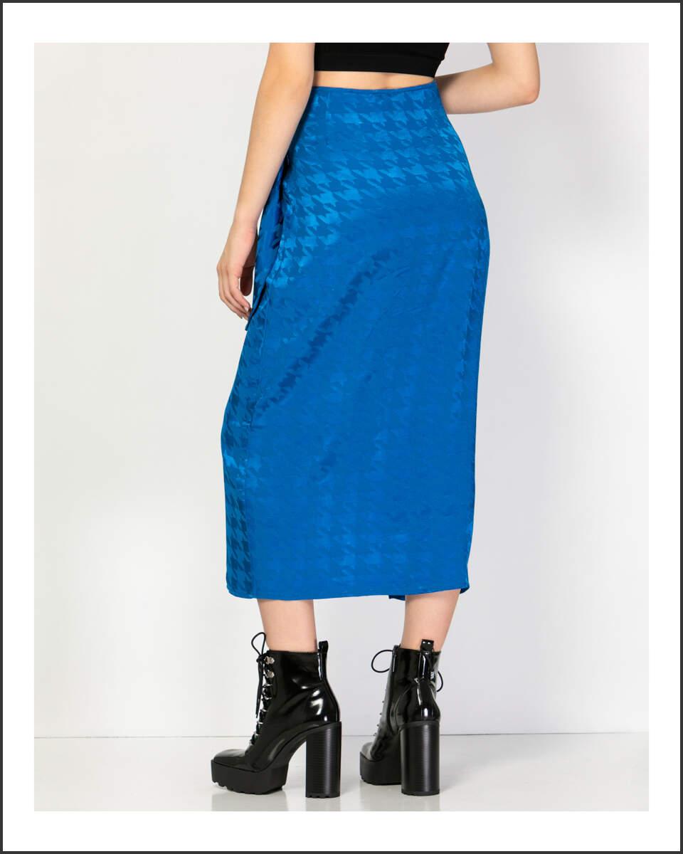 Μπλε ρουά midi φουστα με σκίσιμο και φιόγκο στο πλάι. Εμφάνιση από πίσω