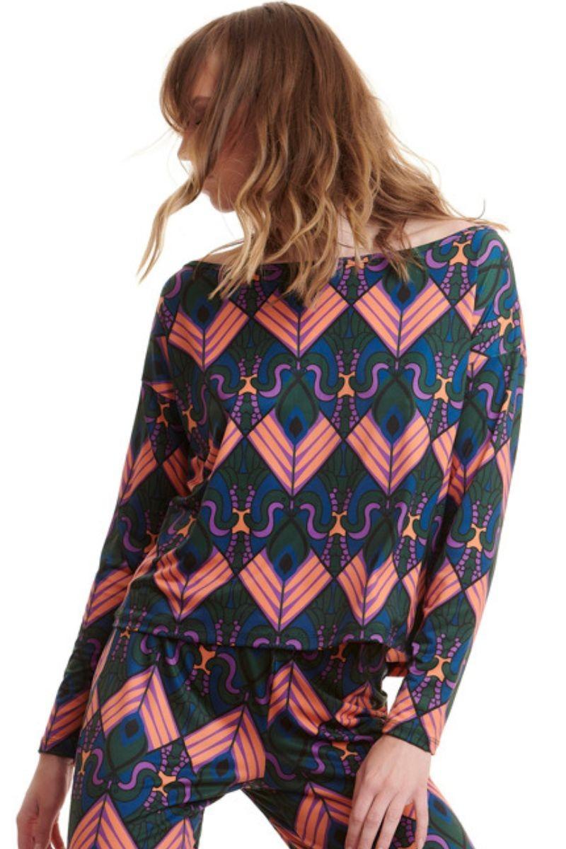 Εμπριμέ ελαστική μπλούζα με μανίκια καμπάνα