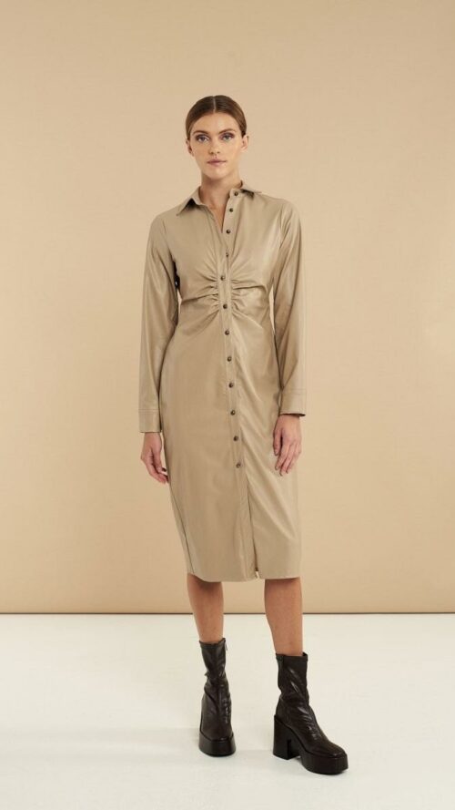 Μίντι φόρεμα με κουμπιά, σούρα και μακριά μανίκια. Εμφάνιση από μπροστά