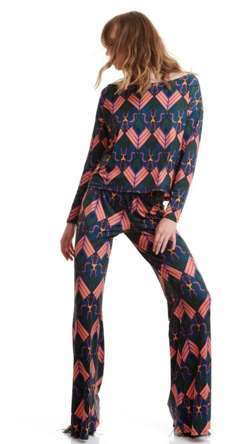 Ψηλόμεση εμπριμέ παντελόνα καμπάνα εμφάνιση από μπροστά