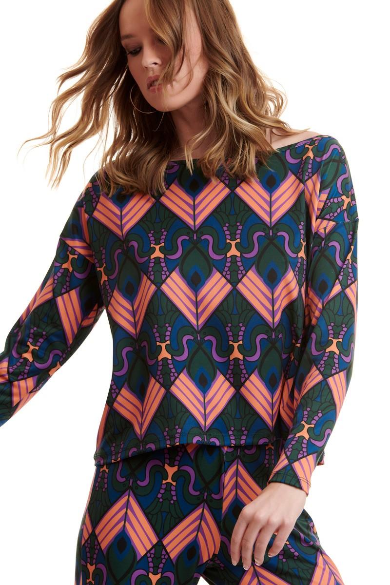 Ψηλόμεση εμπριμέ παντελόνα καμπάνα εμφάνιση ζουμ