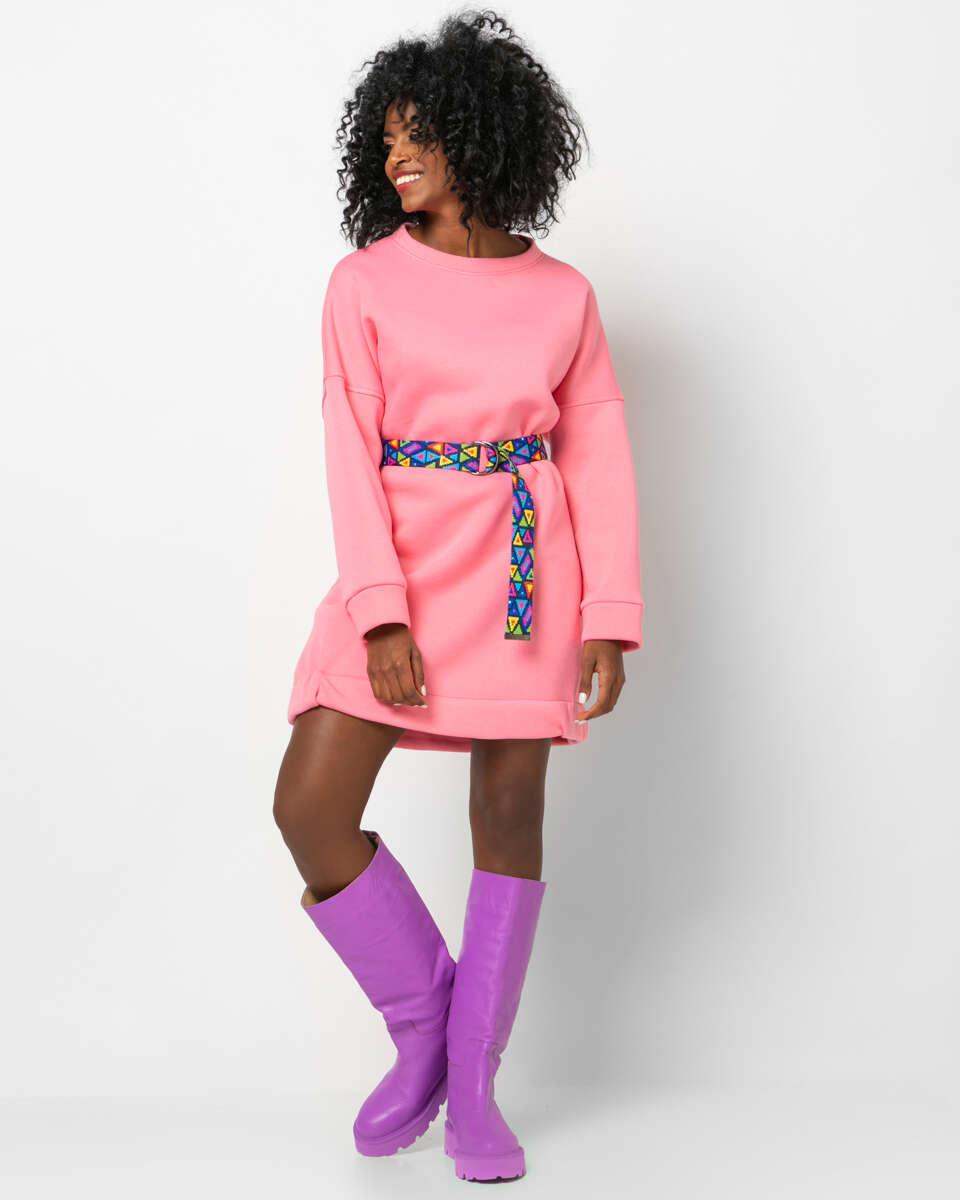 Ροζ φούτερ φόρεμα με εμπριμέ ζώνη στο πλάι