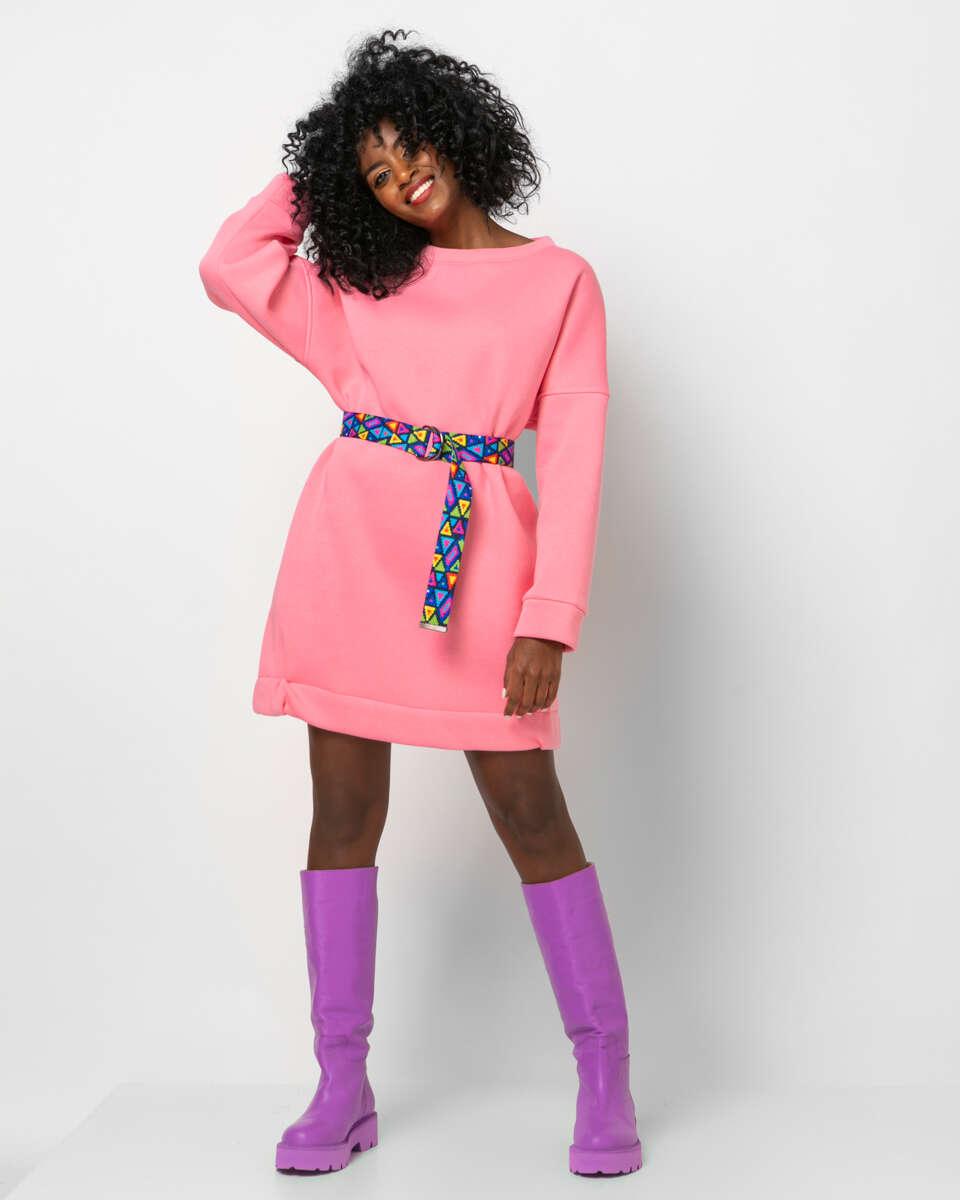 Ροζ φούτερ φόρεμα με εμπριμέ ζώνη.