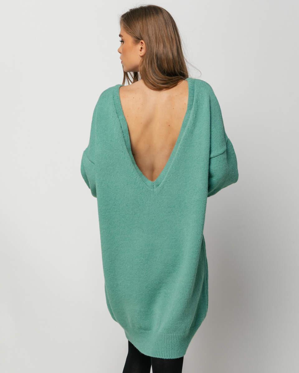 Κοντό πλεκτό βεραμάν φόρεμα με αποσπώμενη μαύρη κορδέλα στην πλάτη. Εμφάνιση από πίσω χωρίς κορδέλα