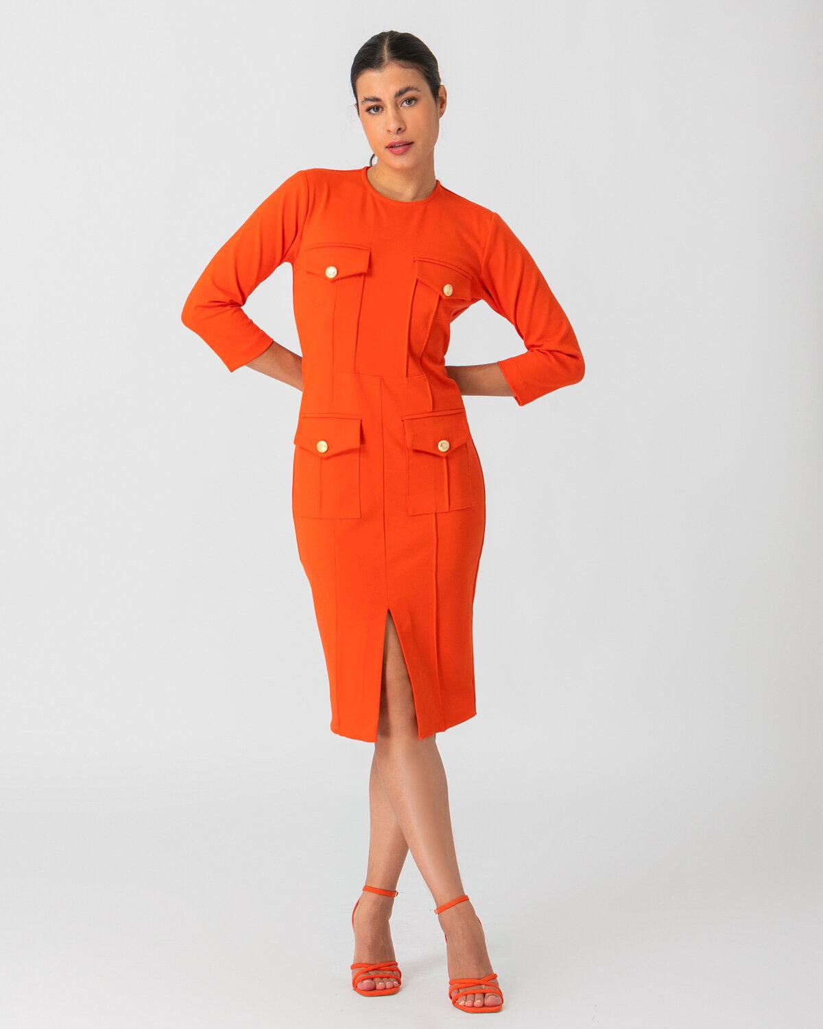 Midi pencil φόρεμα με σκίσιμο μπροστά σε πορτοκαλί