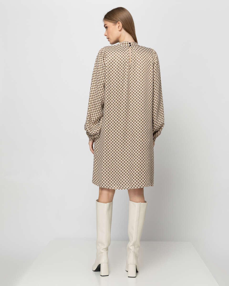 Midi φόρεμα με ζώνη, εκρού και καφέ, με φερμουάρ στην πλάτη από πίσω