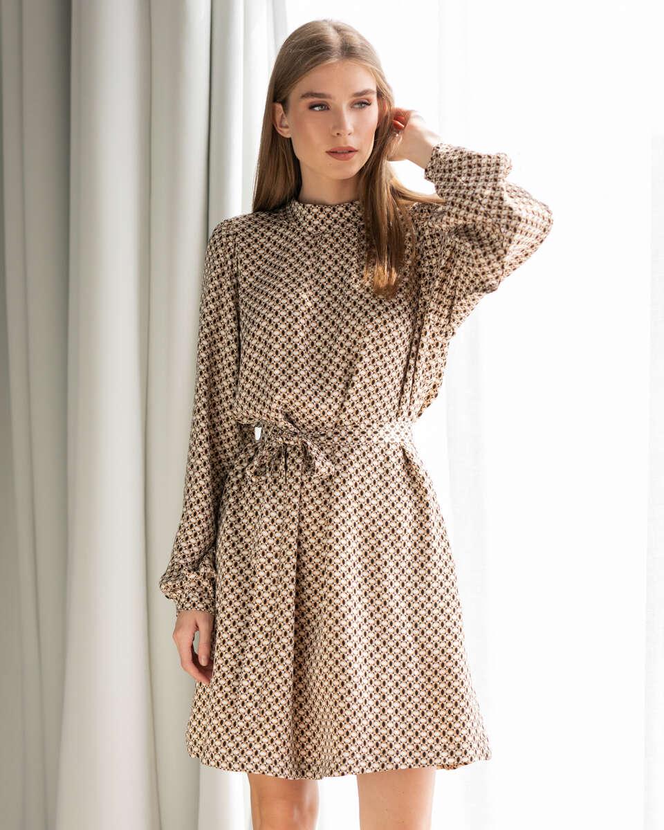 Midi φόρεμα με ζώνη, εκρού και καφέ, με φερμουάρ στην πλάτη