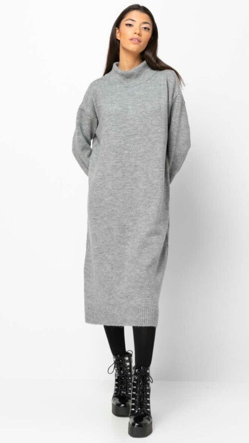 Midi γκρι πλεκτό φόρεμα με μακριά μανίκια και ζιβάγκο. Με rib μανσέτες και τελείωμα. Εμφάνιση από μπροστά