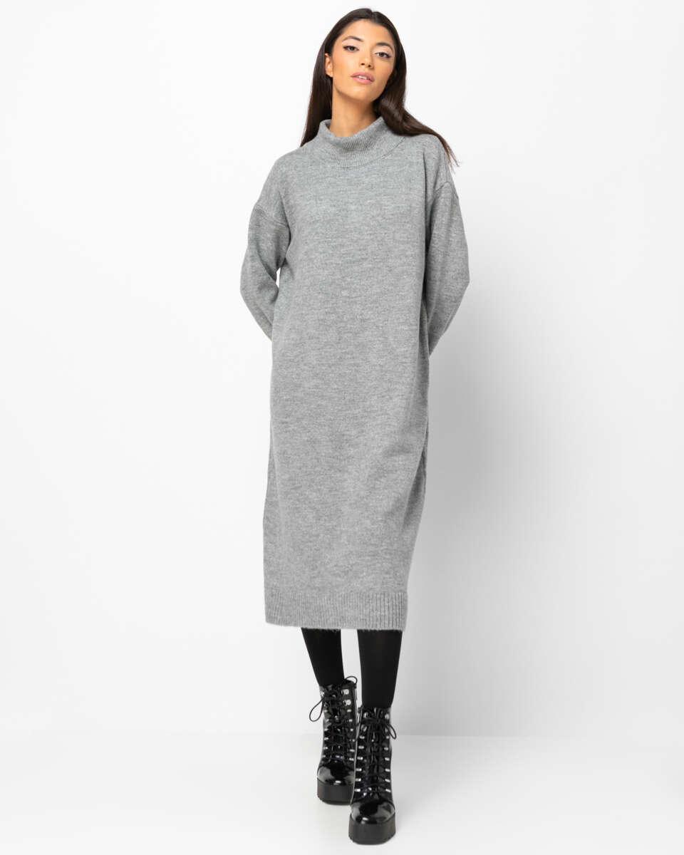 Midi γκρι πλεκτό φόρεμα με μακριά μανίκια και ζιβάγκο. Με rib μανσέτες και τελείωμα. Εμφάνιση από μπροστά