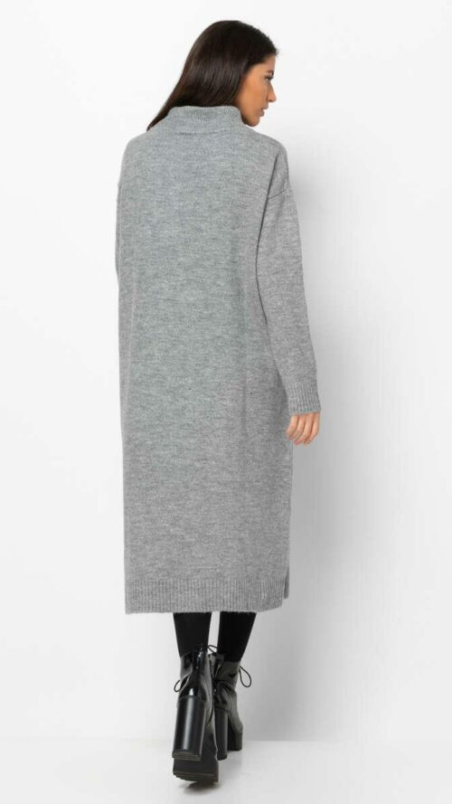 Midi γκρι πλεκτό φόρεμα με μακριά μανίκια και ζιβάγκο. Με rib μανσέτες και τελείωμα. Εμφάνιση από πίσω