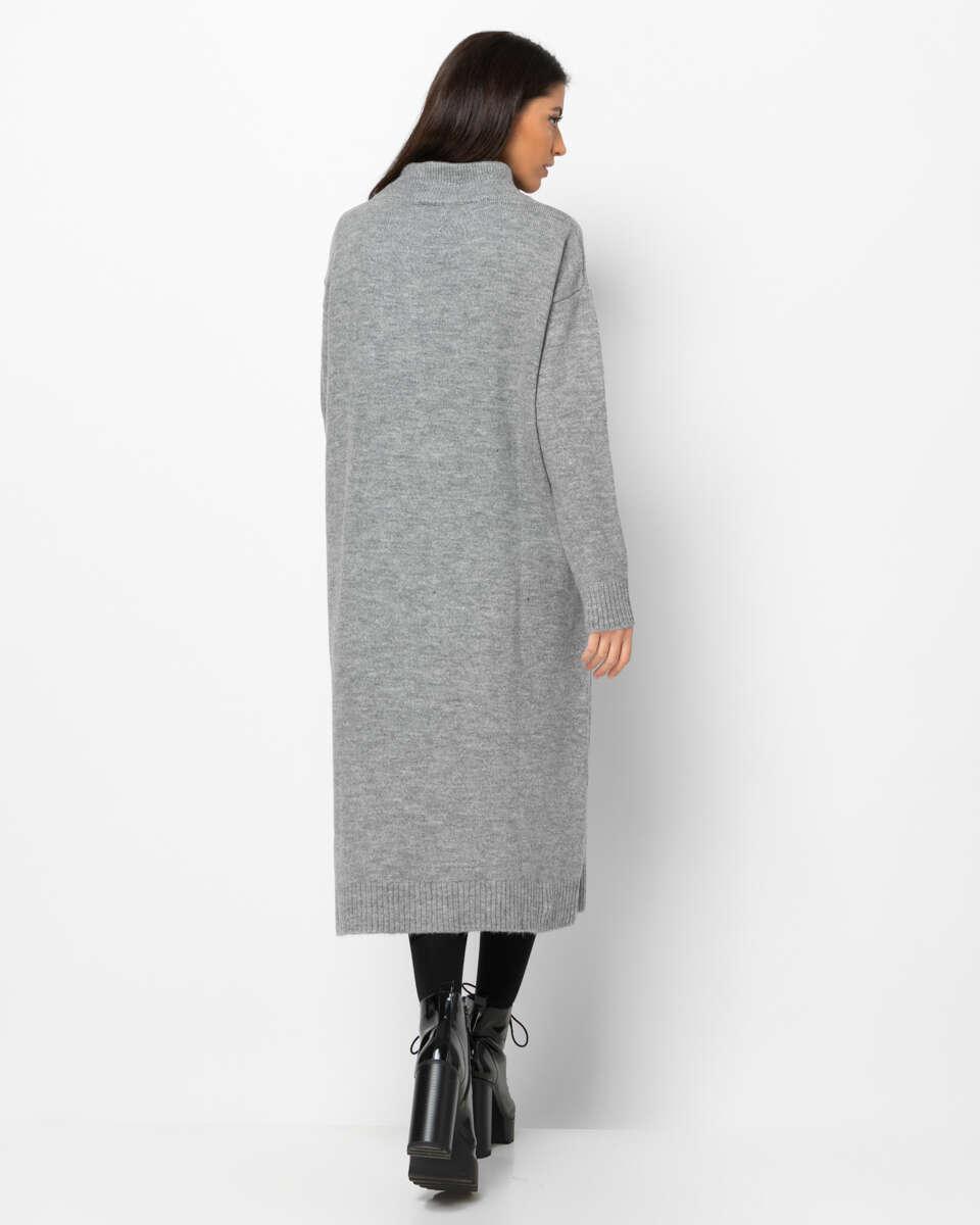 Midi γκρι πλεκτό φόρεμα με μακριά μανίκια και ζιβάγκο. Με rib μανσέτες και τελείωμα. Εμφάνιση από πίσω