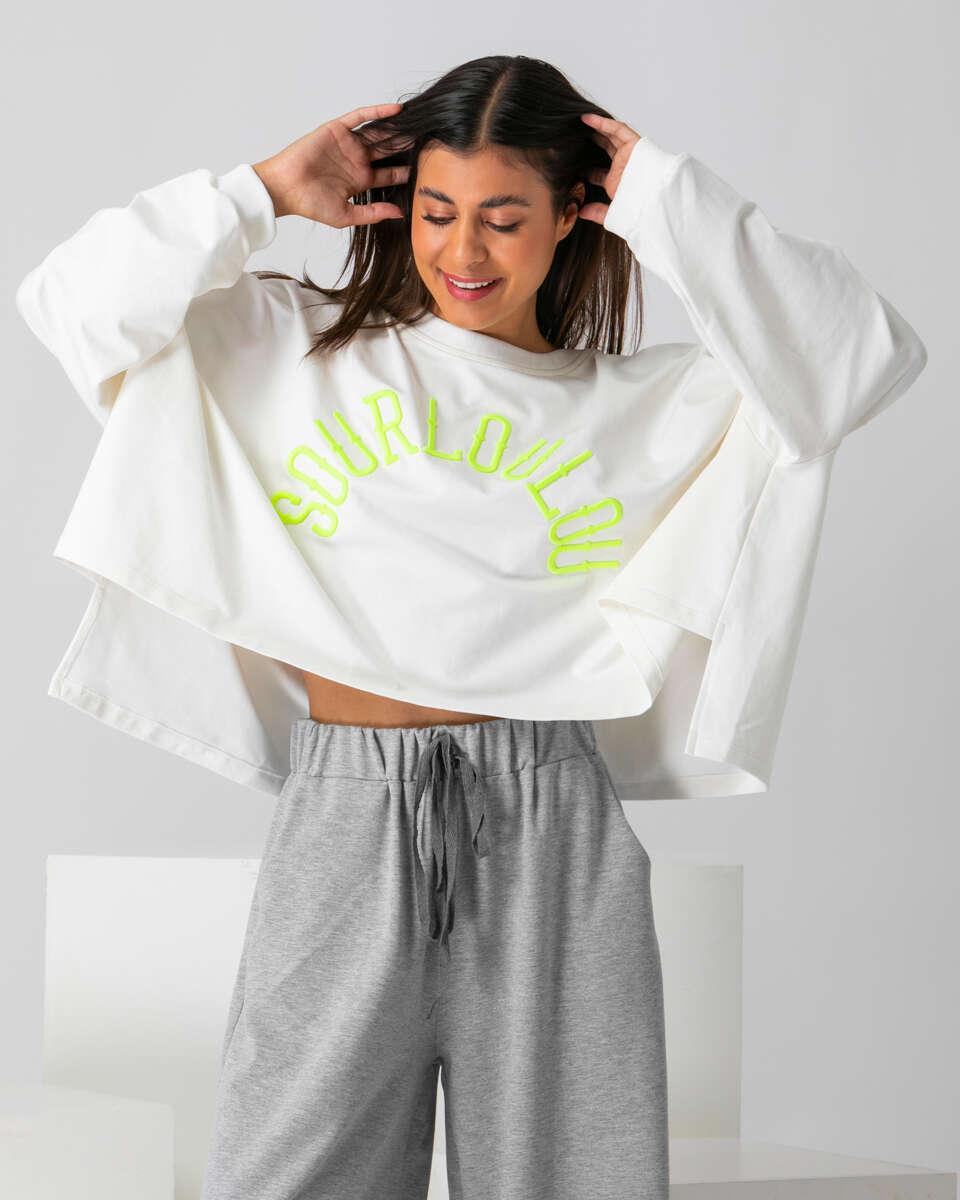 Oversized εκρού φούτερ μπλούζα με τυρκουάζ γράμματα sourloulou.