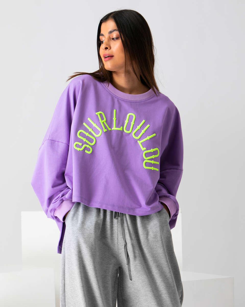 Oversized λιλά φούτερ μπλούζα με τυρκουάζ γράμματα sourloulou.
