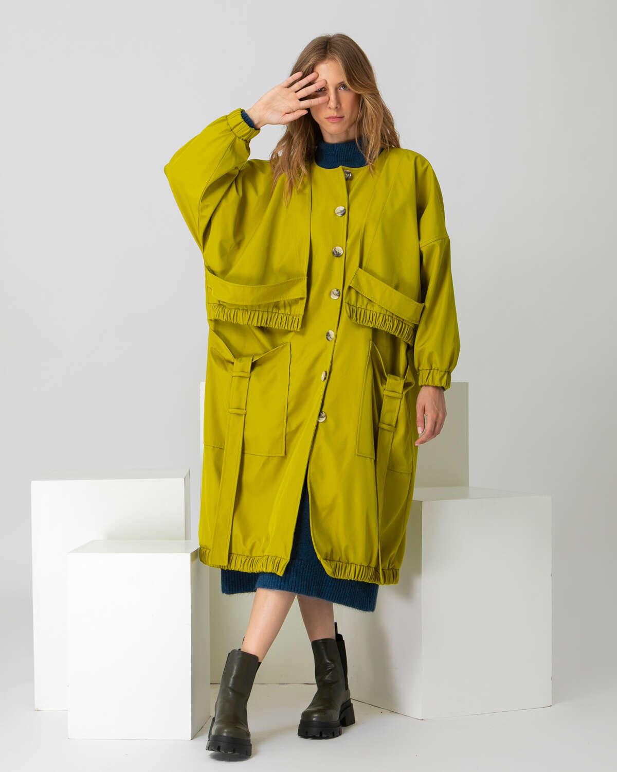 Oversized maxi παλτό με τσέπες λαδί