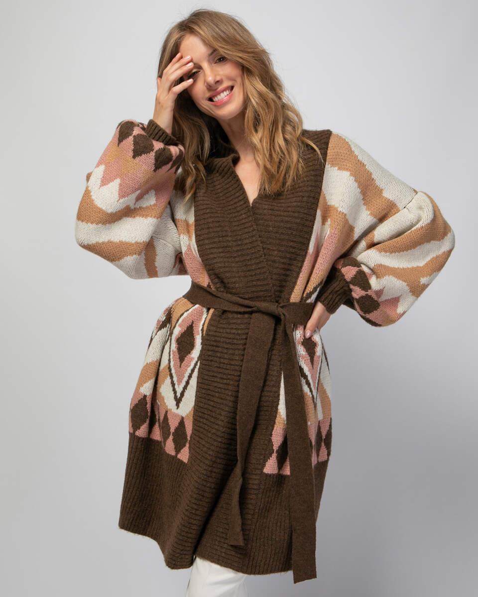 Πλεκτή ζακέτα εμπριμέ με αποσπώμενη ζώνη, μακριά φουσκωτά μανίκια και V λαιμόκοψη. Εμφάνιση από μπροστά με ζουμ.