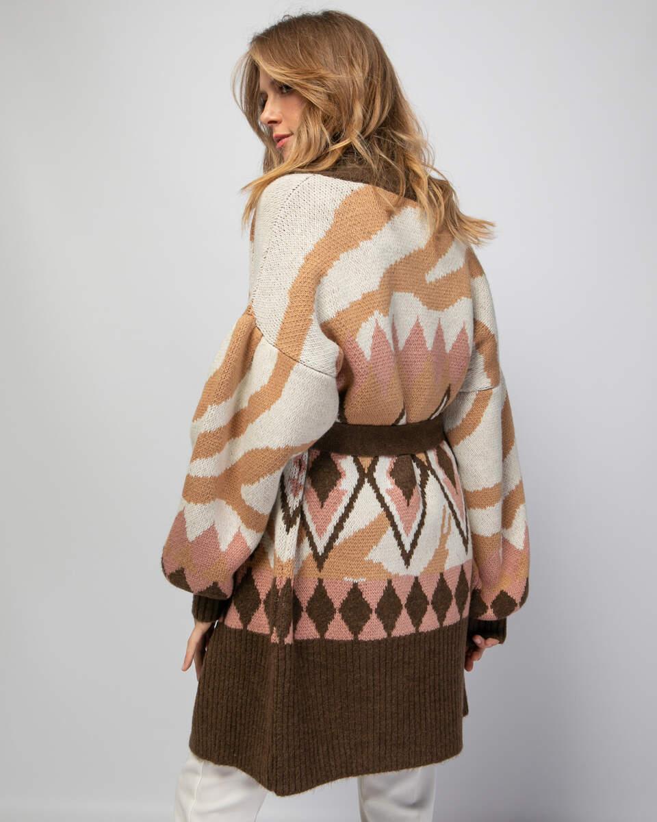 Πλεκτή ζακέτα εμπριμέ με αποσπώμενη ζώνη, μακριά φουσκωτά μανίκια και V λαιμόκοψη. Εμφάνιση από πίσω