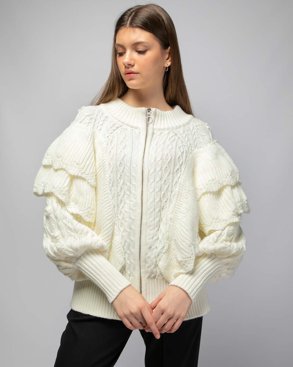 Πλεκτή εκρού ζακέτα με φερμουάρ και fancy βολάν.