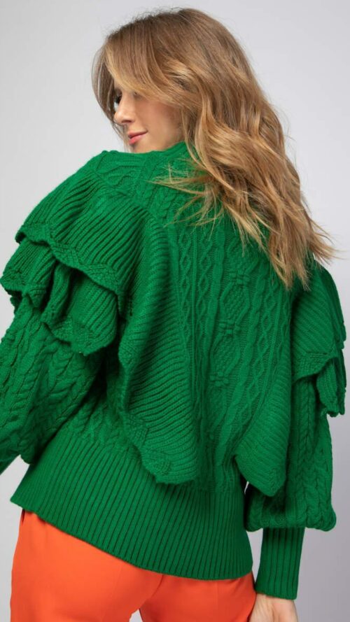 Πλεκτή πράσινη ζακέτα με φερμουάρ και fancy βολάν. Εμφάνιση από πίσω