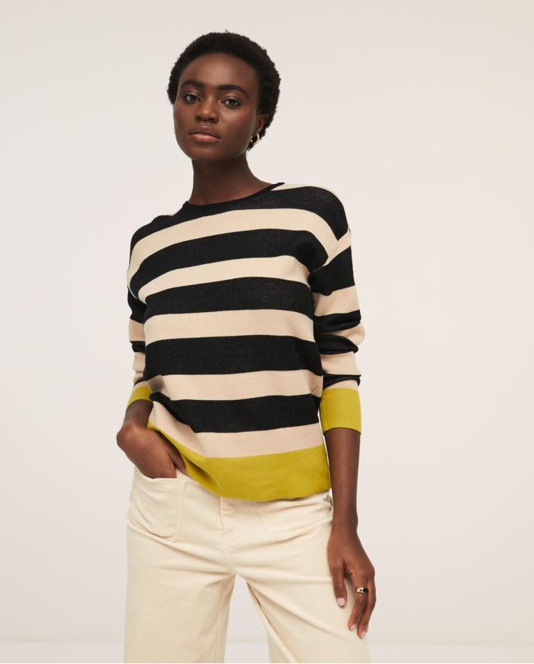 Πλεκτό τρίχρωμο πουλόβερ με μακριά μανίκια και στρογγυλό λαιμό. Εκρού, μαύρο και κίτρινο χρώμα στο τελείωμα. Εμφάνιση μπροστά