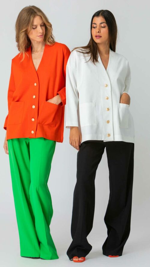 Πουκάμισο με κουμπιά με πολύχρωμα strass και έντονα μανίκια σε εκρού και πορτοκαλί