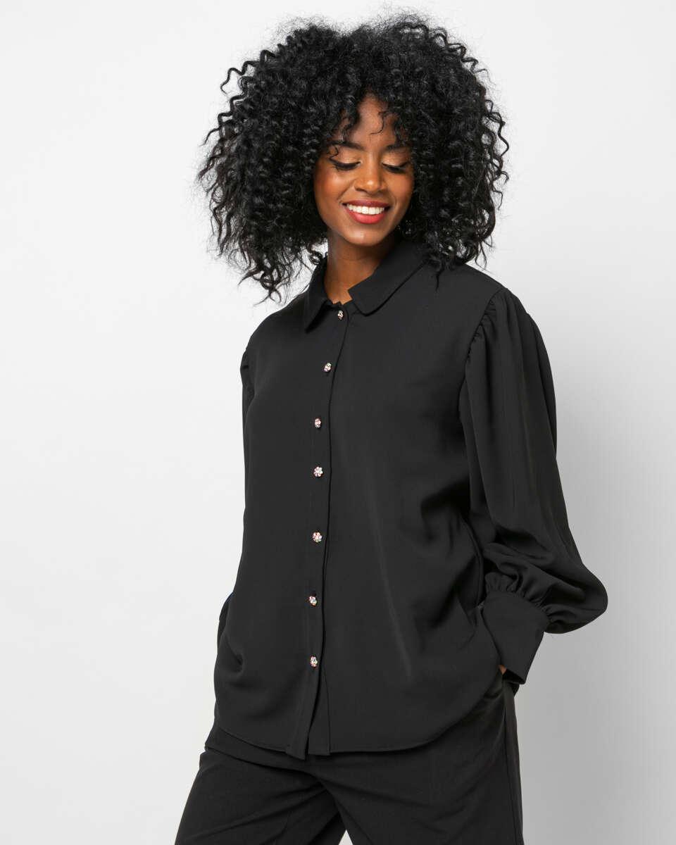 Πουκάμισο με κουμπιά με πολύχρωμα strass και έντονα μανίκια σε μαύρο στο πλάι