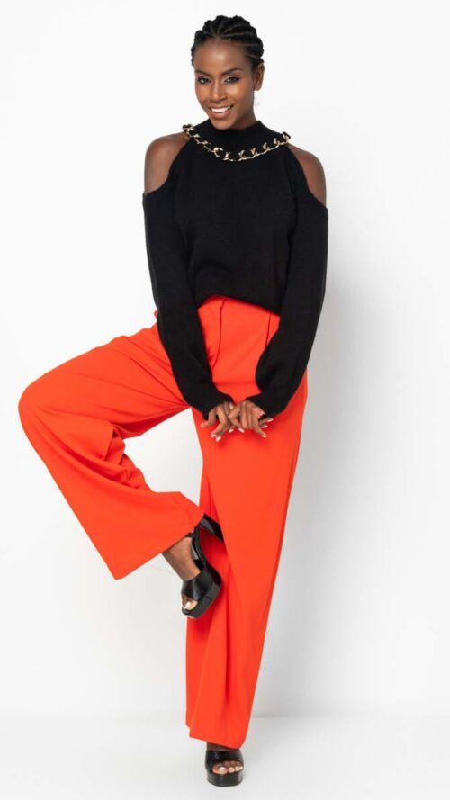 psilomesi-kokkini-pantelona-me-zoni Ψηλόμεση κόκκινη παντελόνα με τσέπες και ασορτί αποσπώμενη ζώνη.