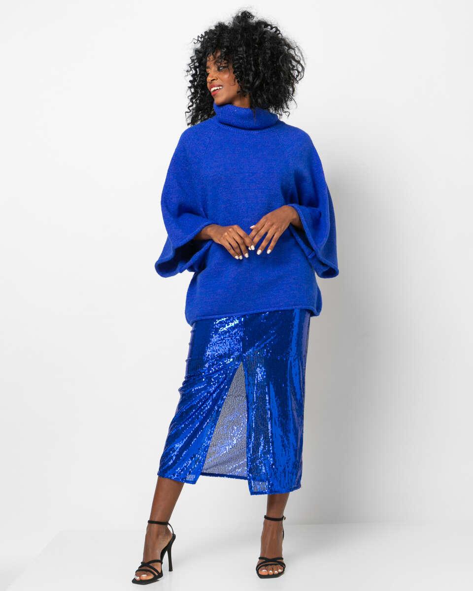 Ψηλόμεση μπλε ρουά midi φούστα με στρας και σκίσιμο μπροστά.