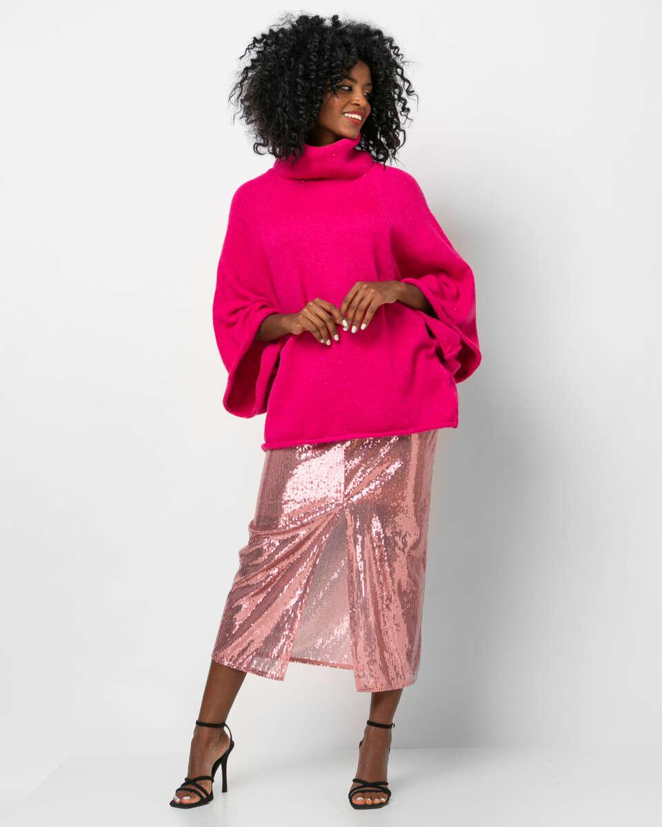 Ψηλόμεση ροζ midi φούστα με στρας και σκίσιμο μπροστά.