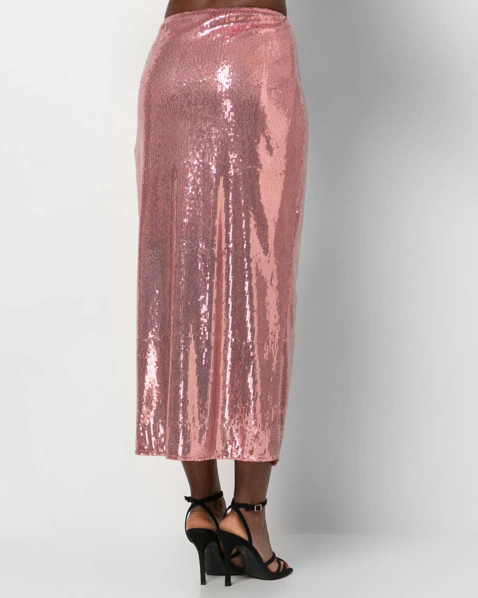 Ψηλόμεση ροζ midi φούστα με στρας και σκίσιμο μπροστά. Εμφάνιση από πίσω.