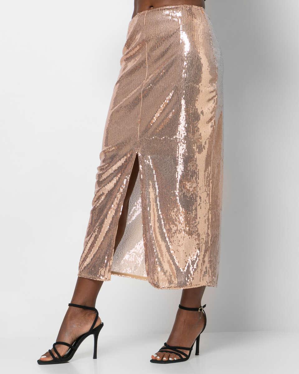 Ψηλόμεση χρυσή midi φούστα με στρας και σκίσιμο μπροστά. Εμφάνιση από μπροστά.