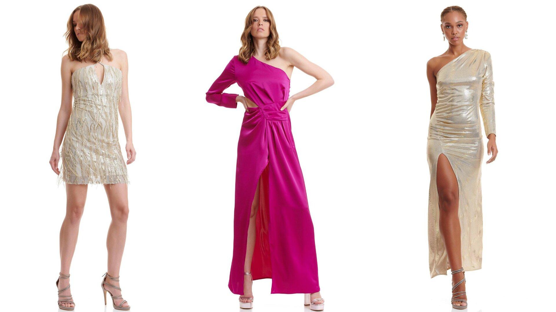 Τρεις κοπέλες με φανταχτερές νυχτερινές εμφανίσεις, με πούλιες. Η δεξιά και η αριστερή με χρυσά φορέματα και η μεσαία με φούξια.