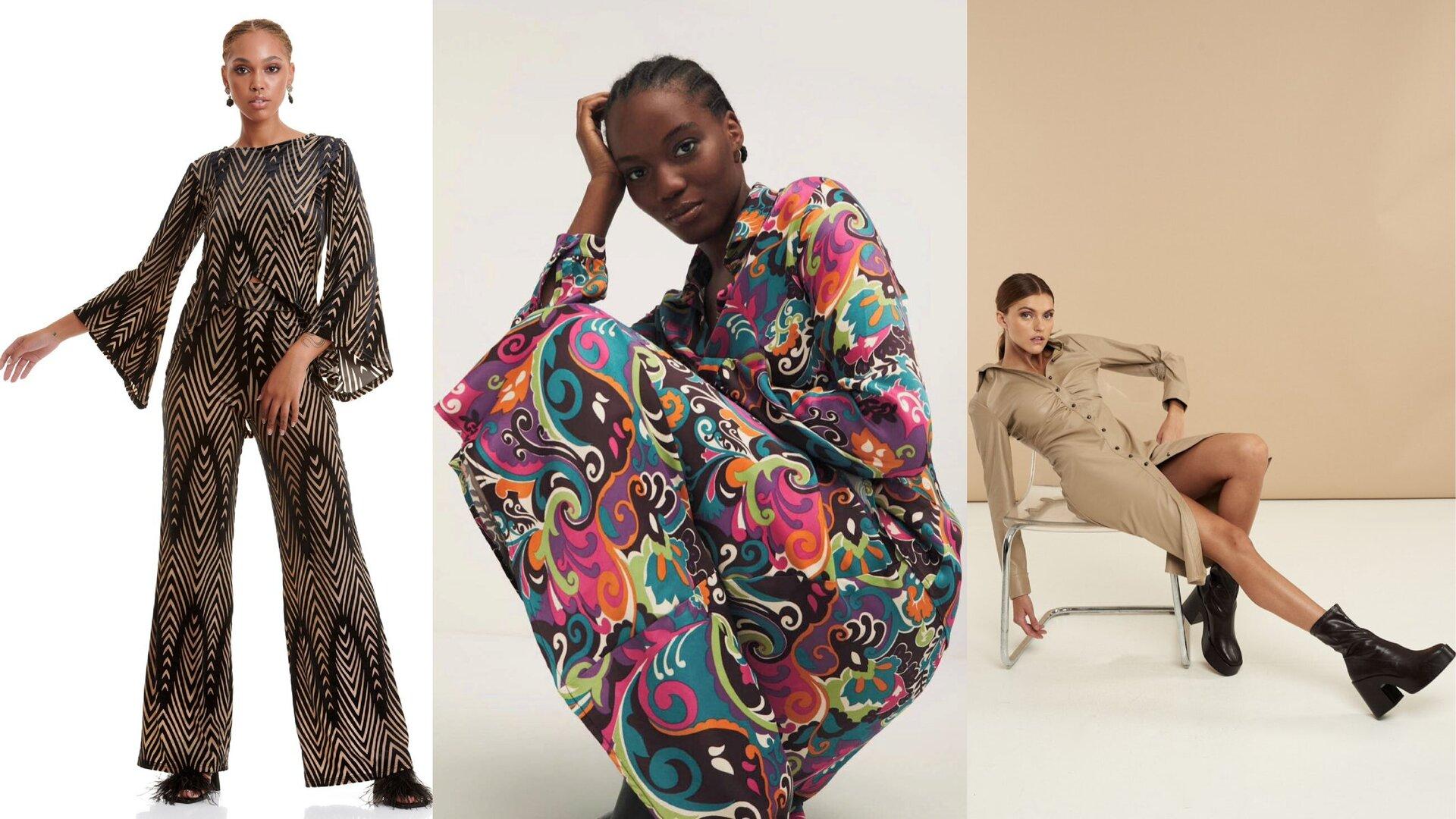 Τρεις κοπέλες, οι δύο με πολύχρωμα ρούχα και η τρίτη με φόρεμα από οικολογικό δέρμα.